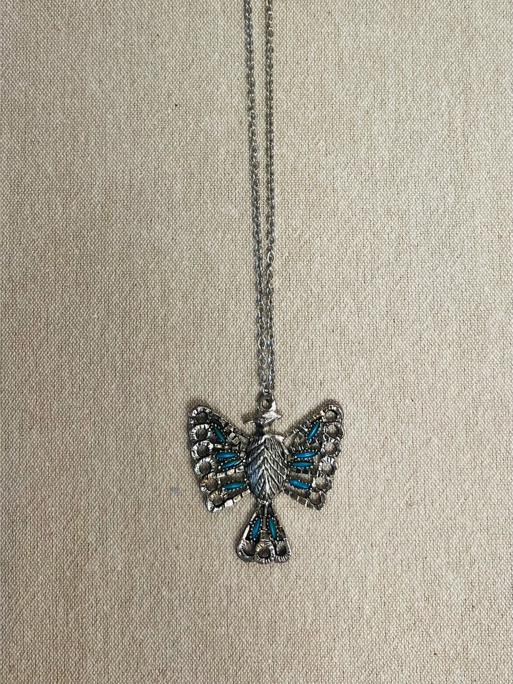 Vintage Silver Toned Turquoise Thunderbird Necklace Pendant